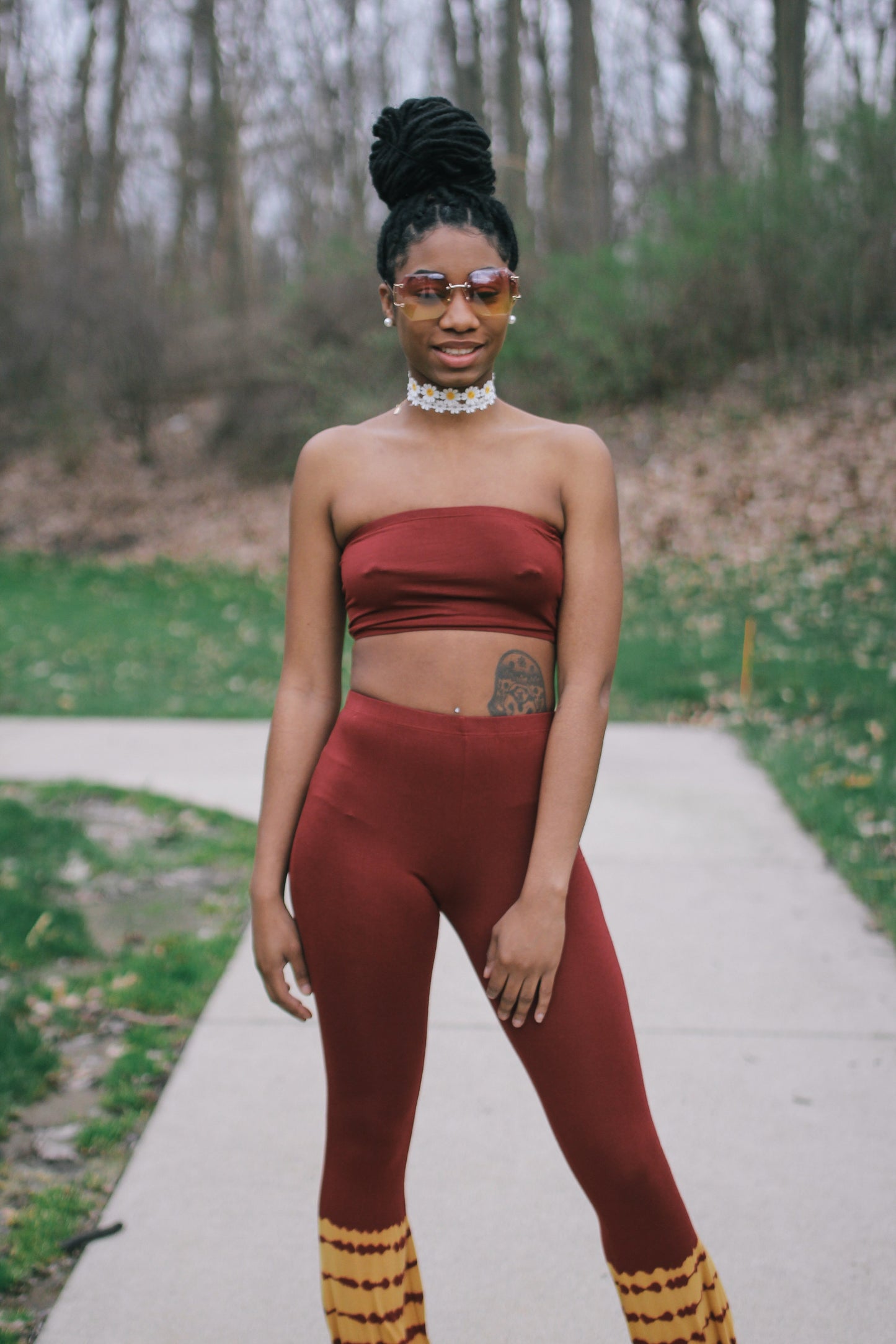 red and yellow bandeau and flare pants set
