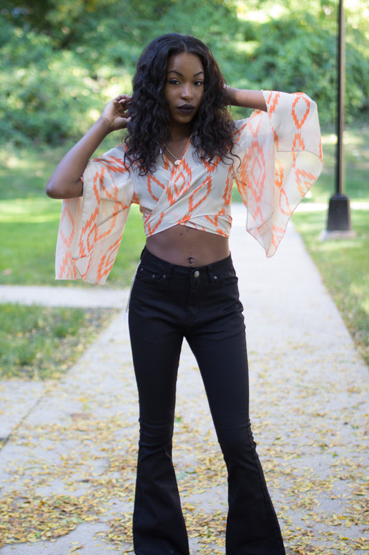 Satin Tribal Print Wrap Tie Back Shirt