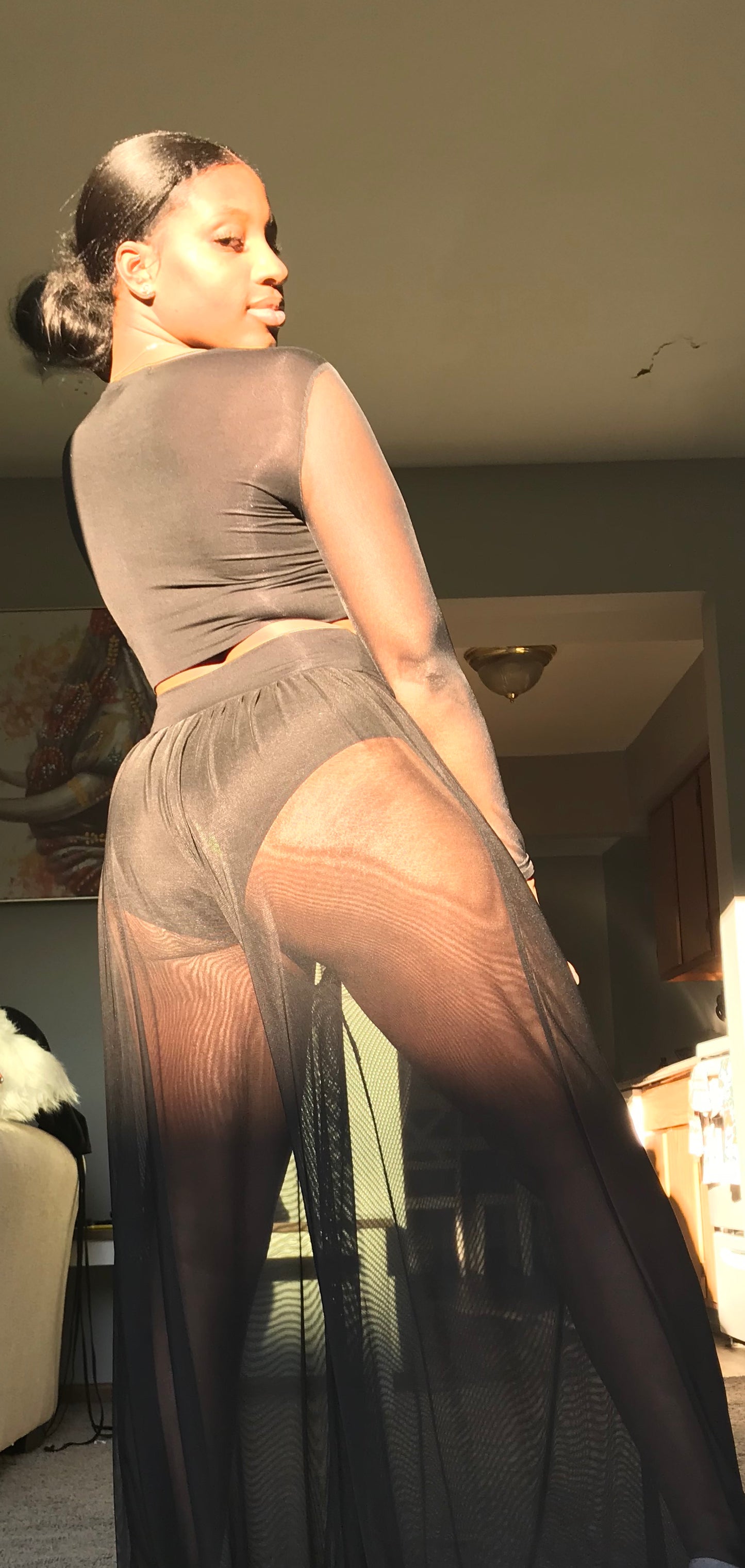 Long Sleeve Top Sheer Satin Bell bottom Pants