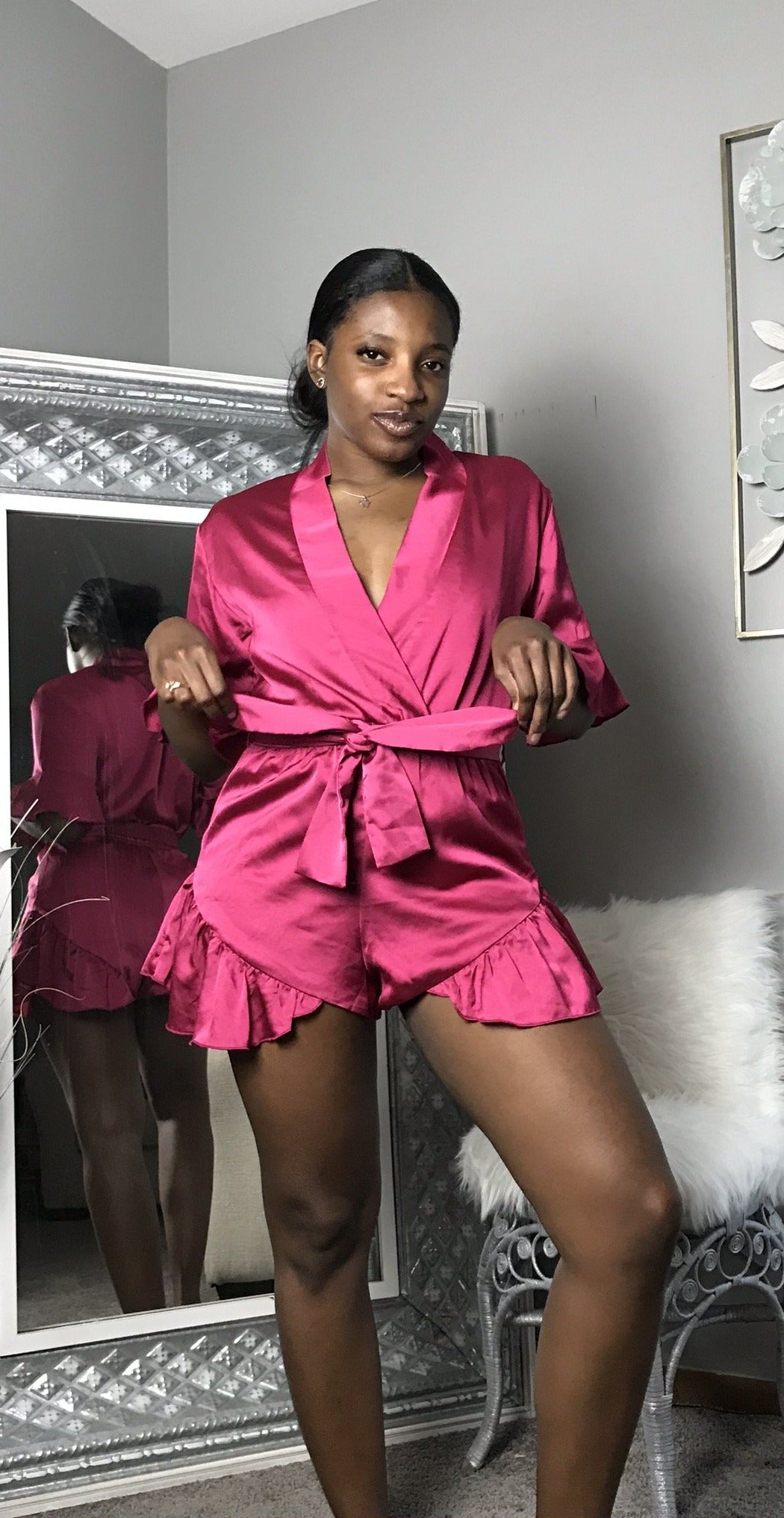 Ruffled Satin Playsuit Robe Pink