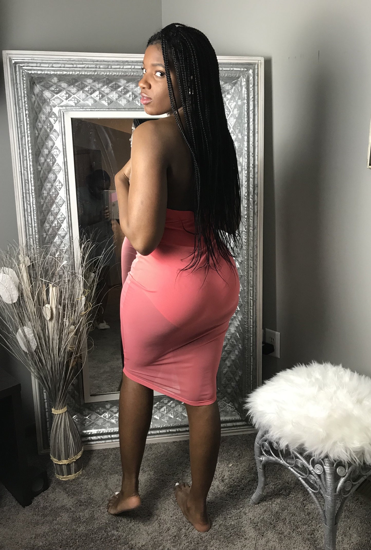 Pink Off the Shoulder Mesh Dress V Cut