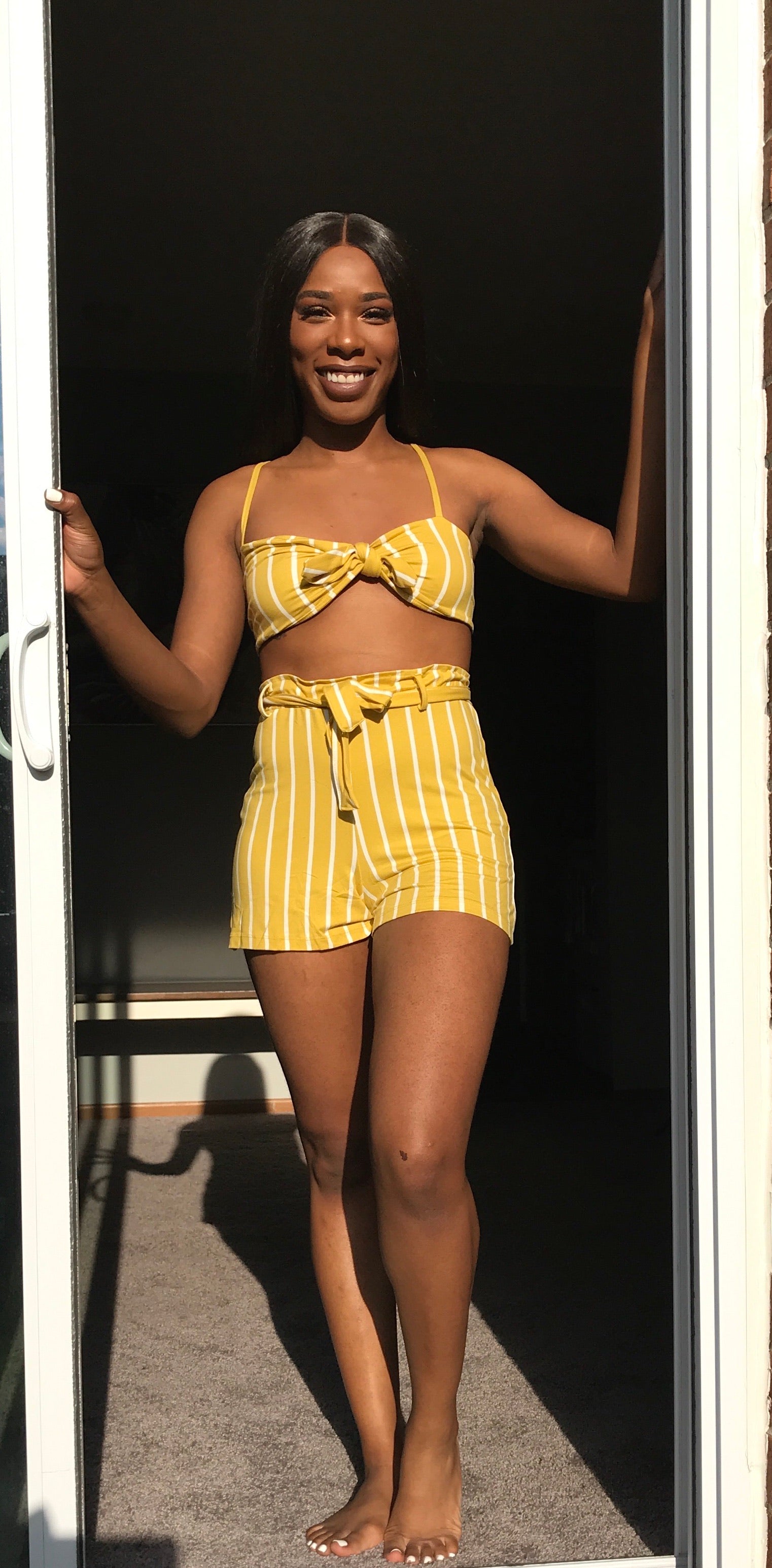 Yellow stripe tie front short set