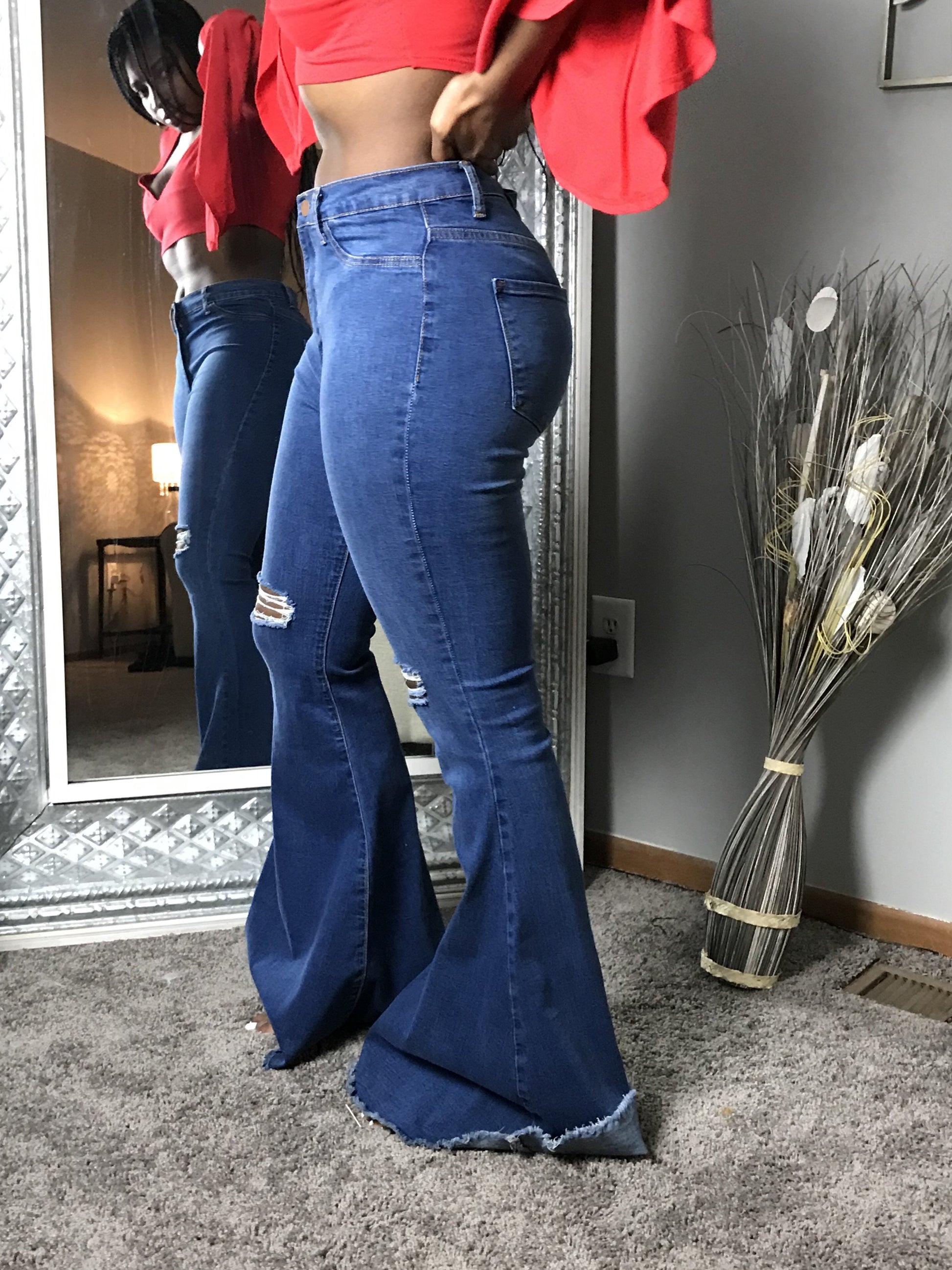 High Waist Bell Bottoms with Knee Cut out