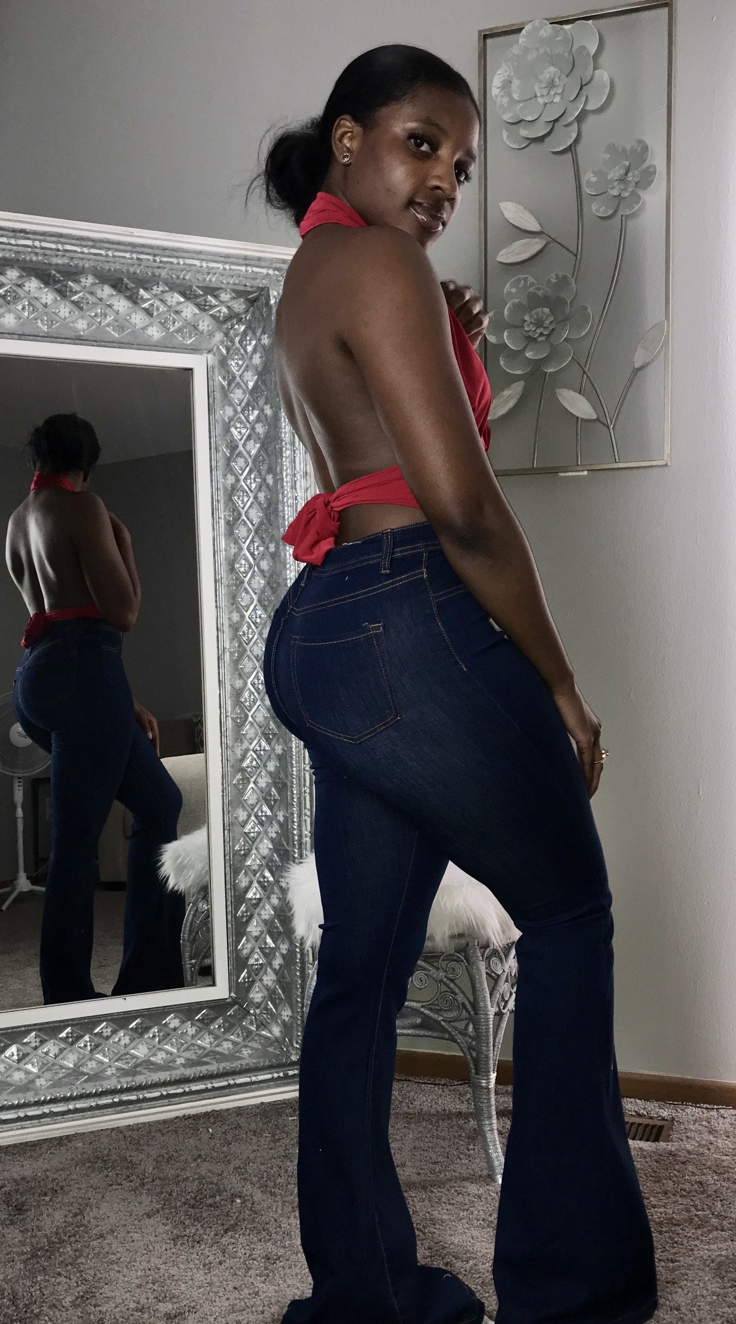 red backless halter top