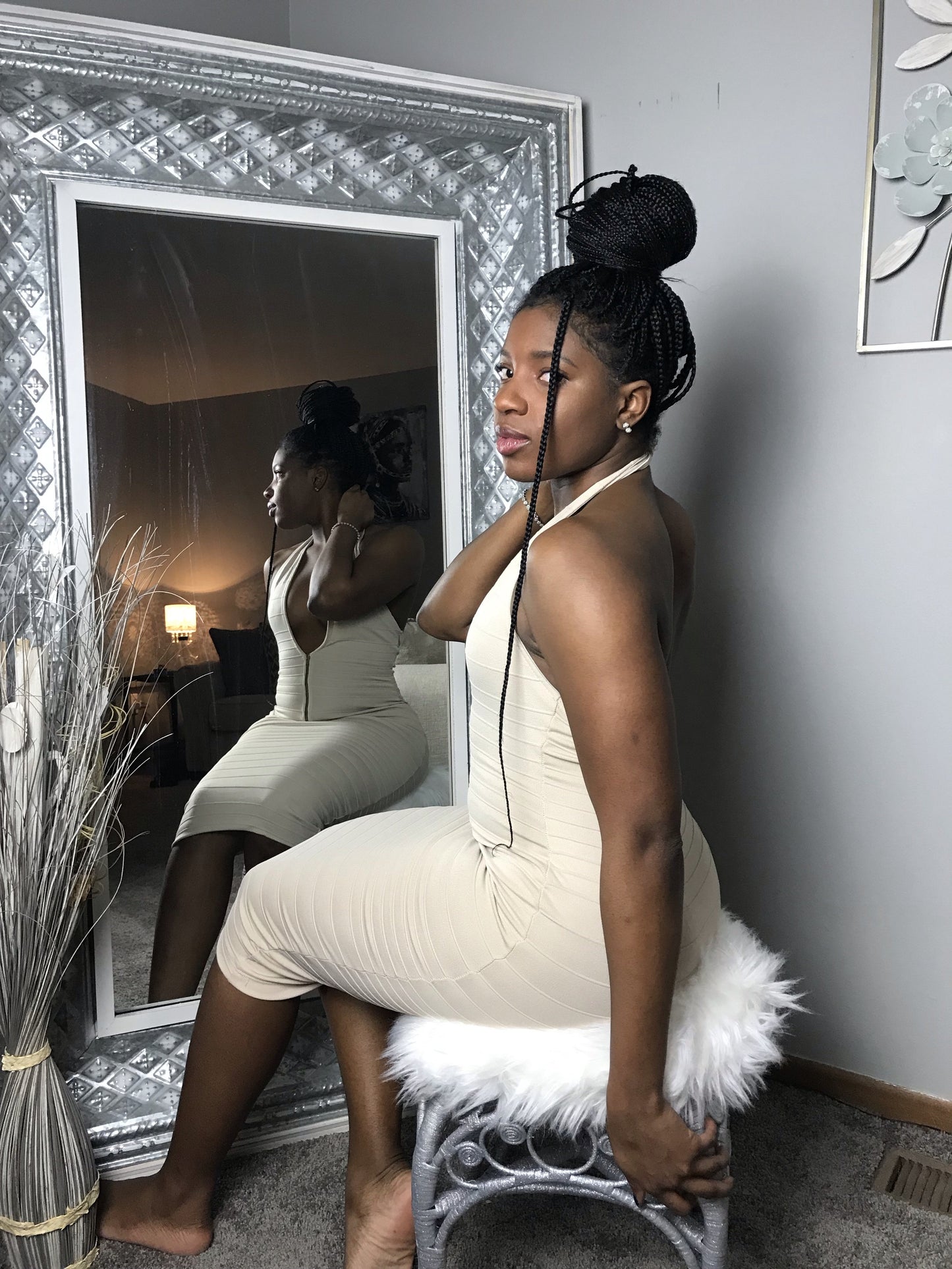 ribbed tan halter dress