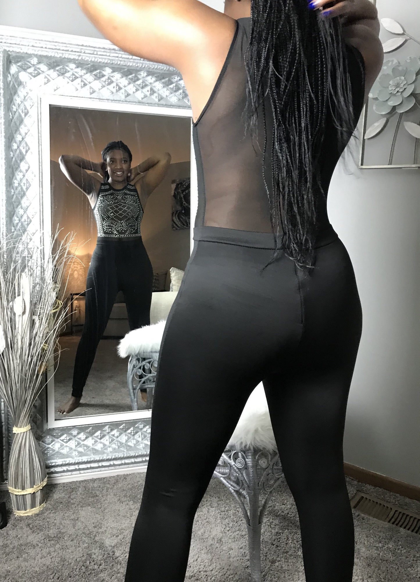 black mesh jumpsuit with rhinestones