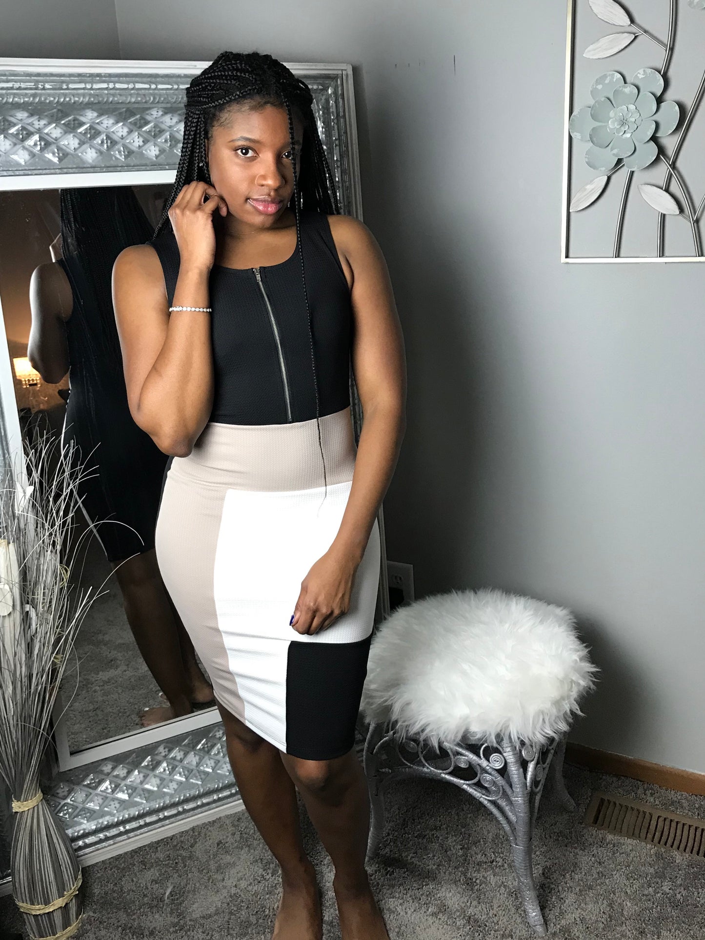 Black white and tan color block work dress