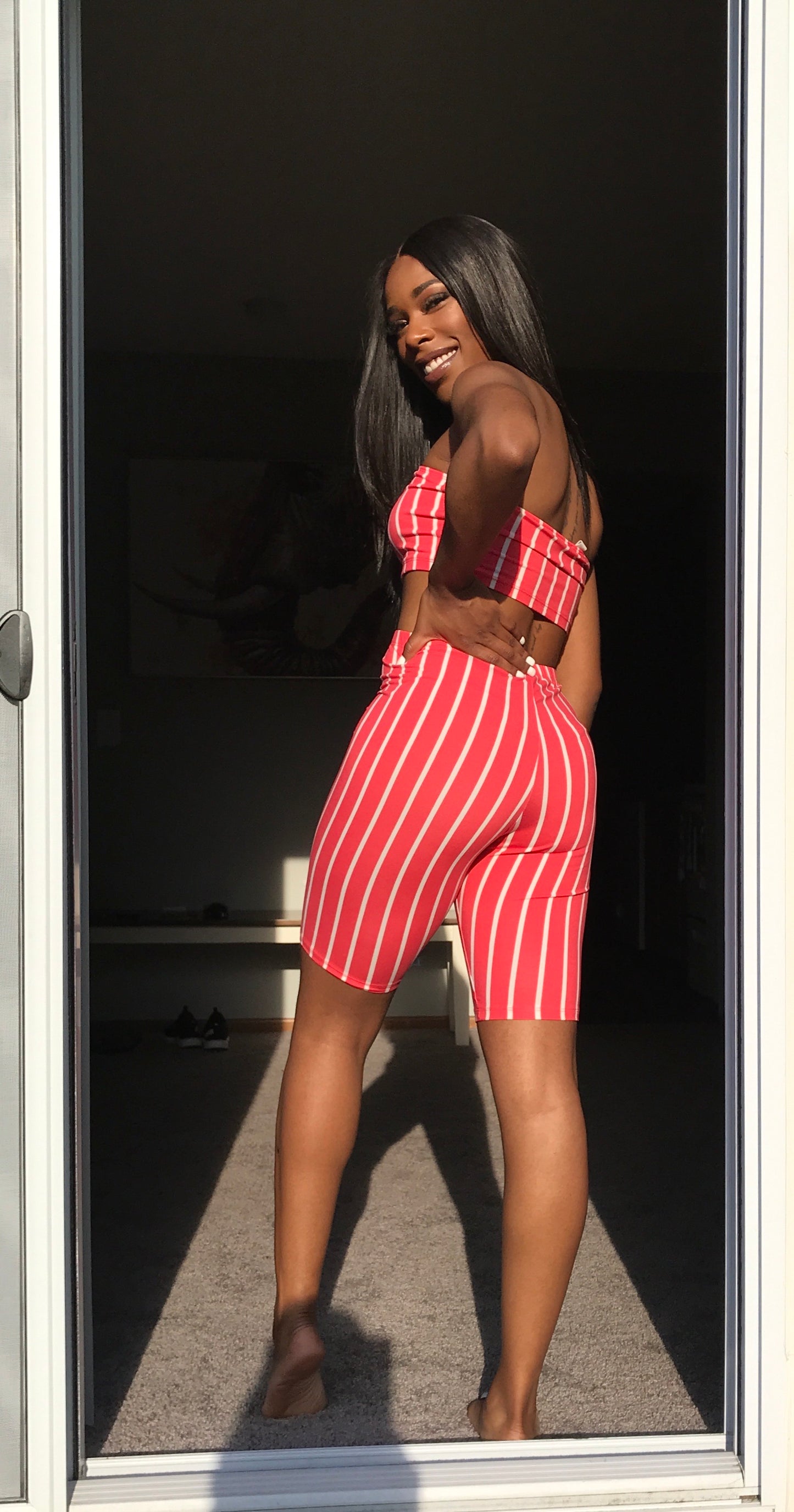 Coral striped biker short set