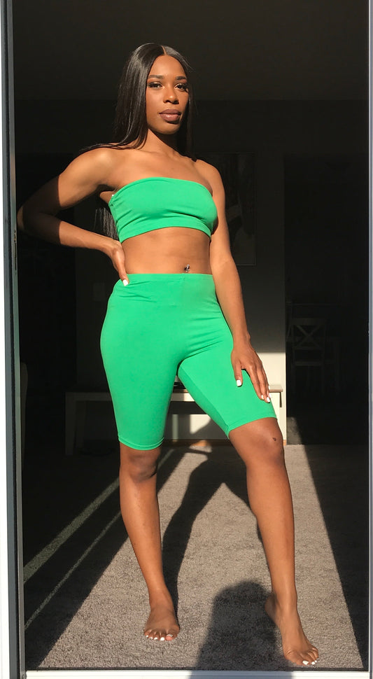 kelly green biker short set