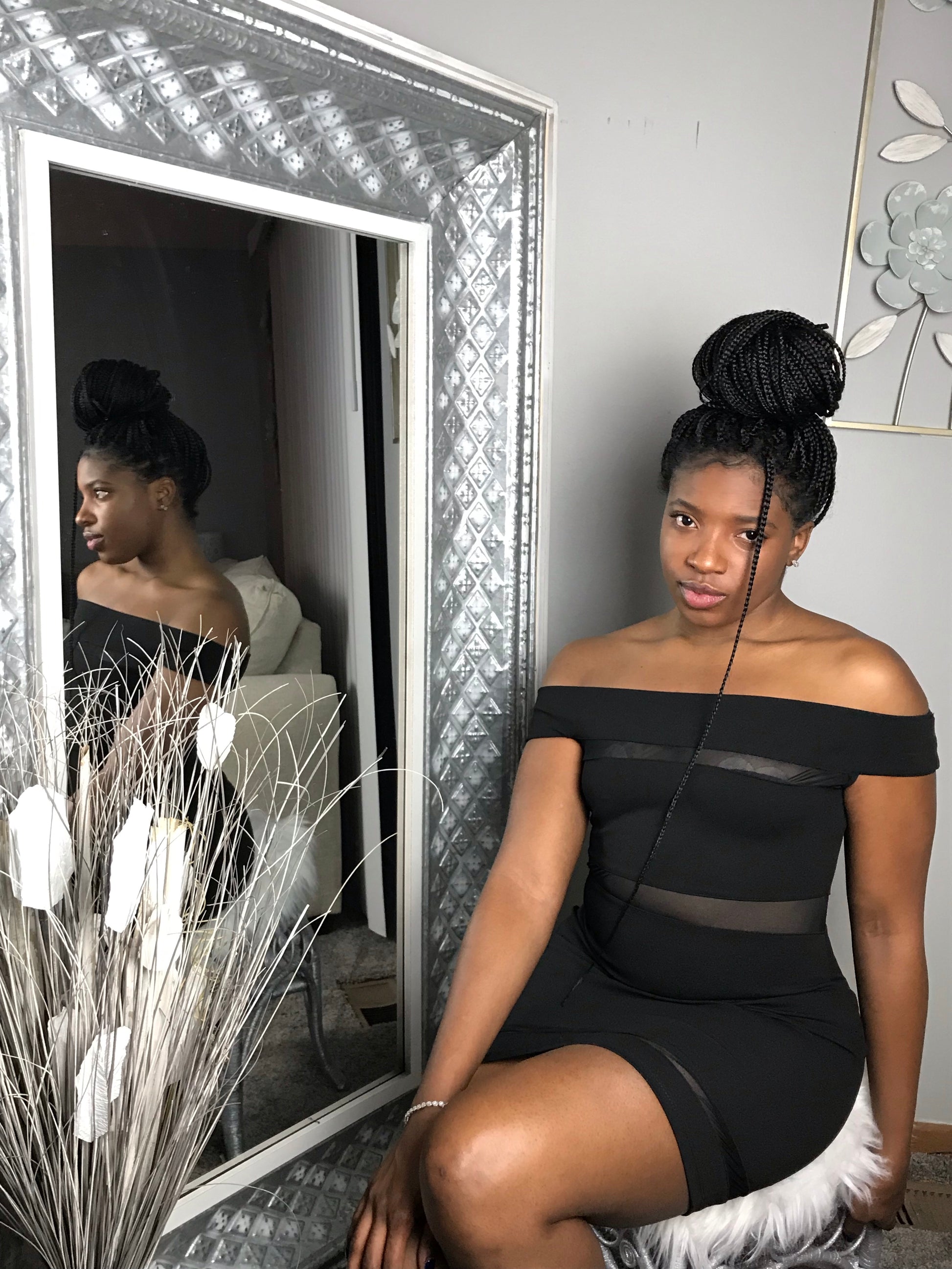 black off the shoulder mesh dress