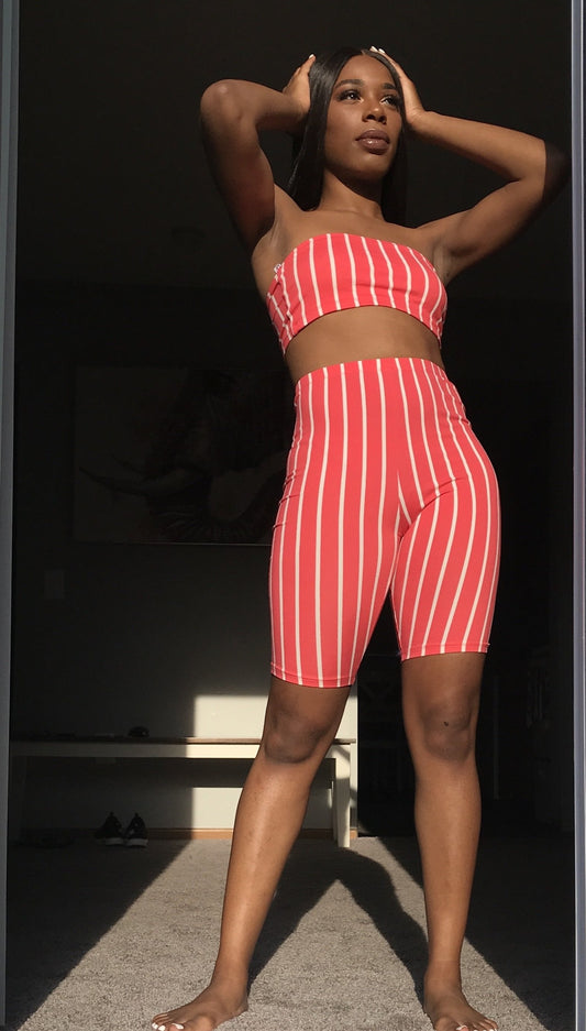 Pink bandeau biker short set