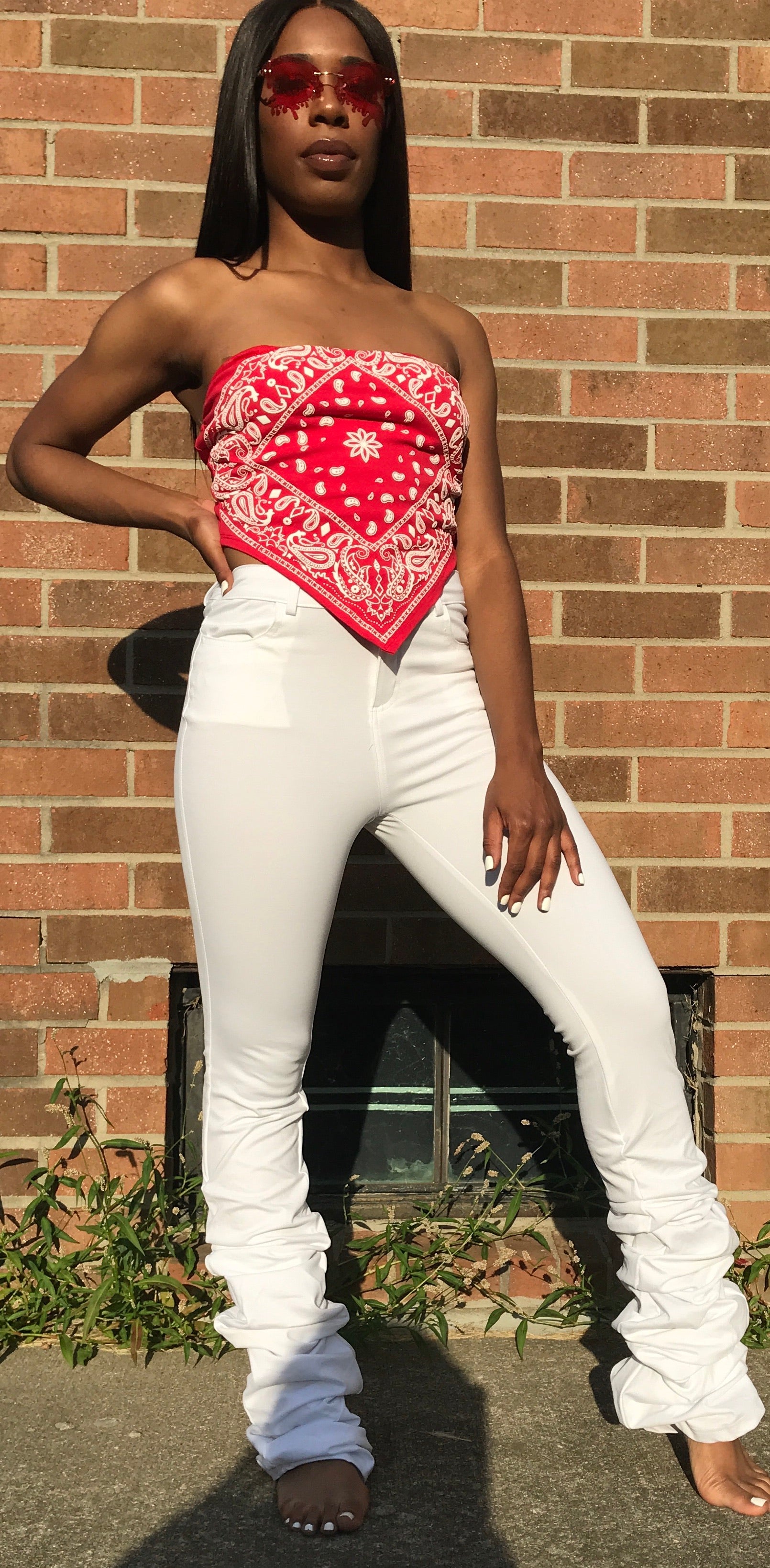 white heavy bottom stacked pants