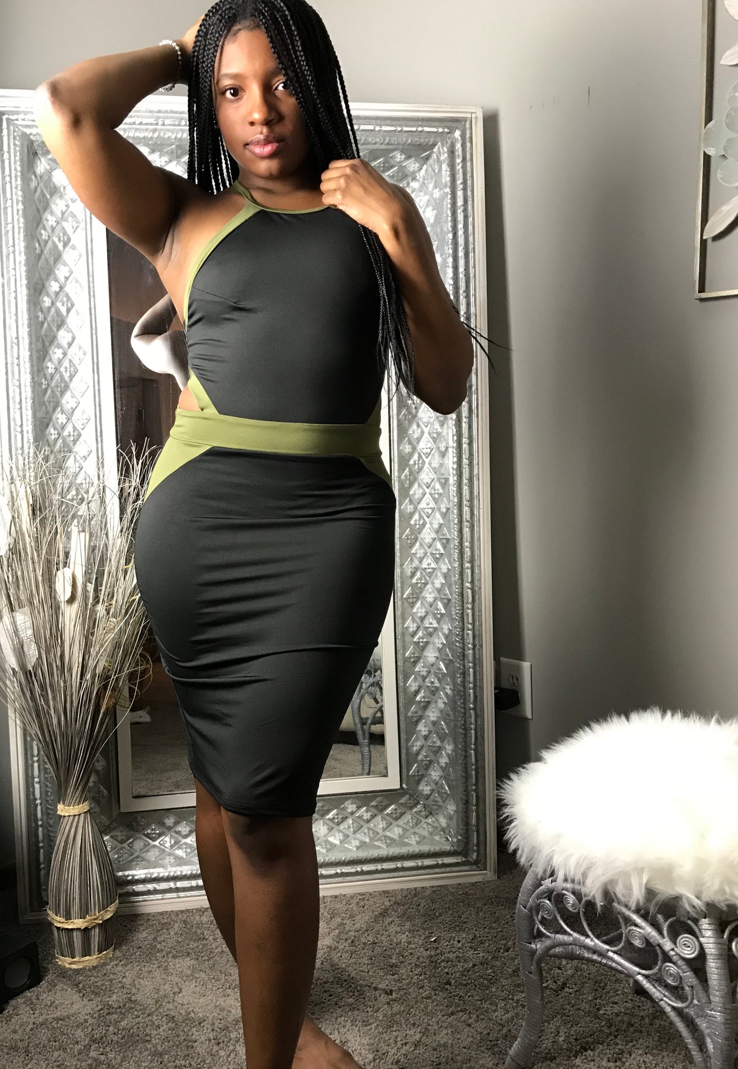 Black and Olive Halter Dress