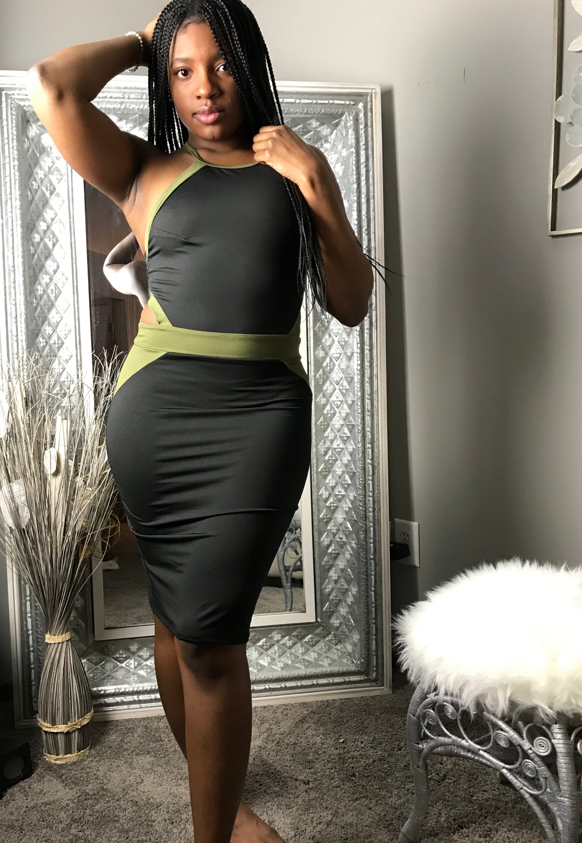 Black and Olive Halter Dress