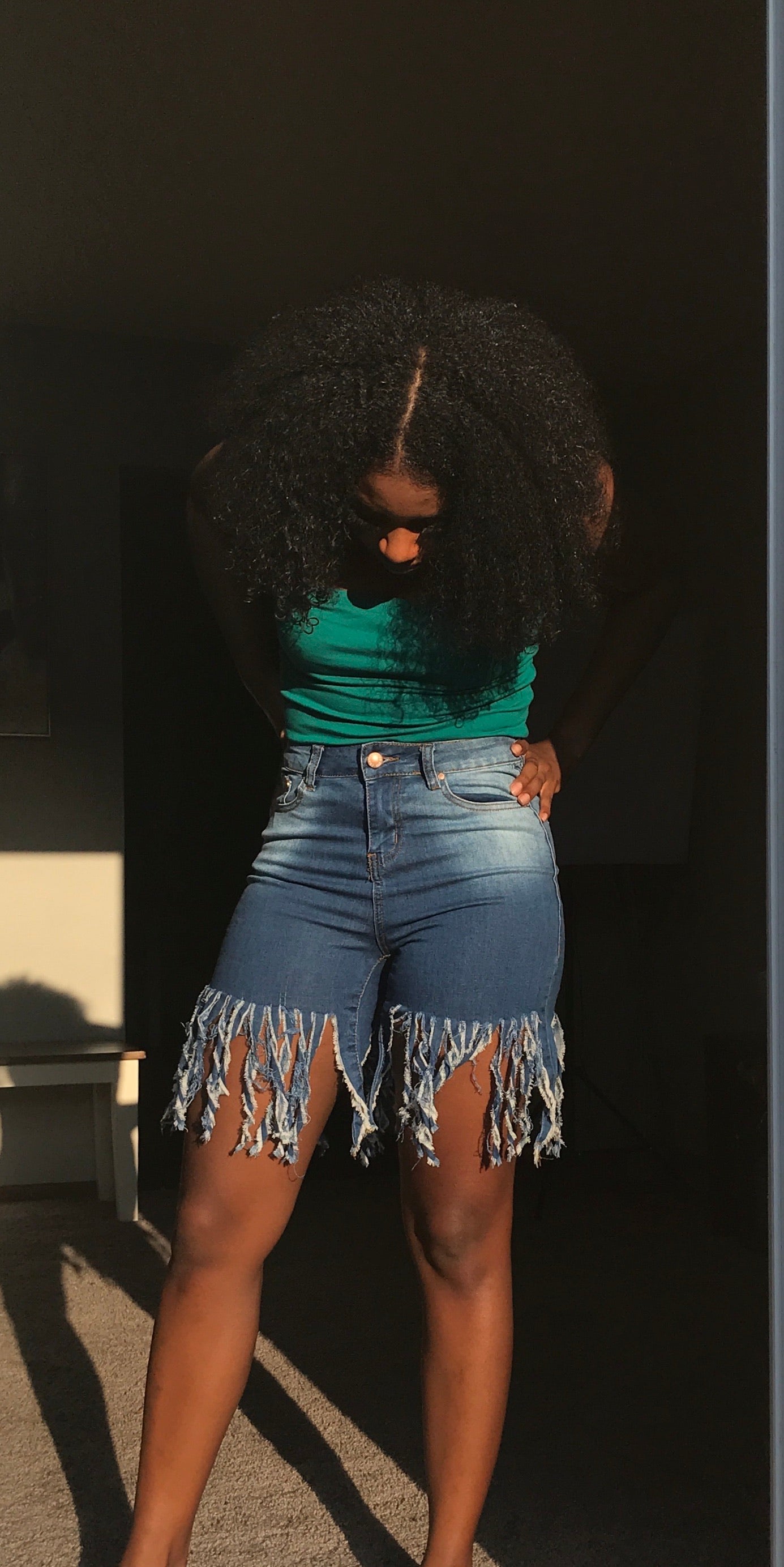 denim fringe shingle shorts