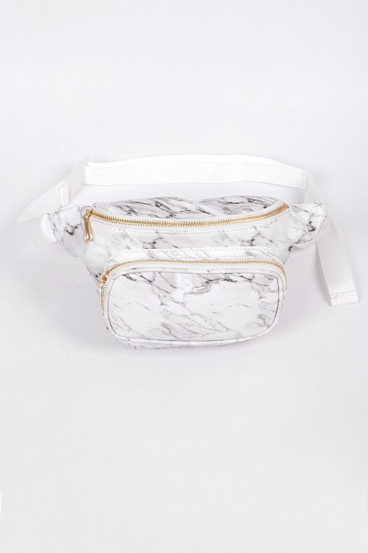 white marble fanny pack with gold zippers