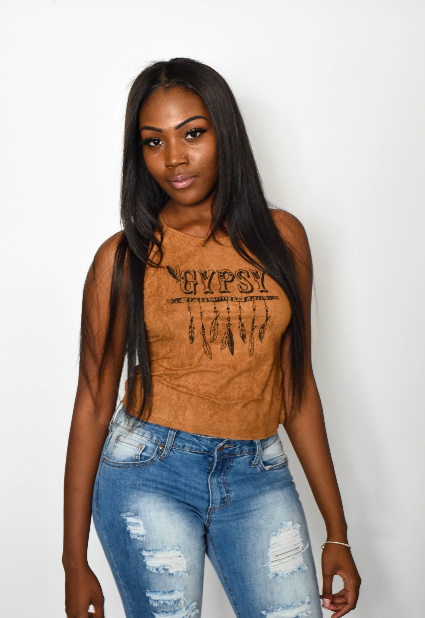 Brown Tan Suede Velvet Gypsy Crop Top Shirt