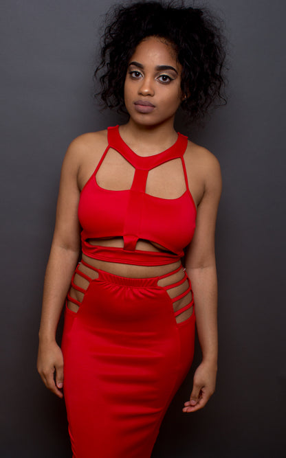 red two 2 piece with cut out