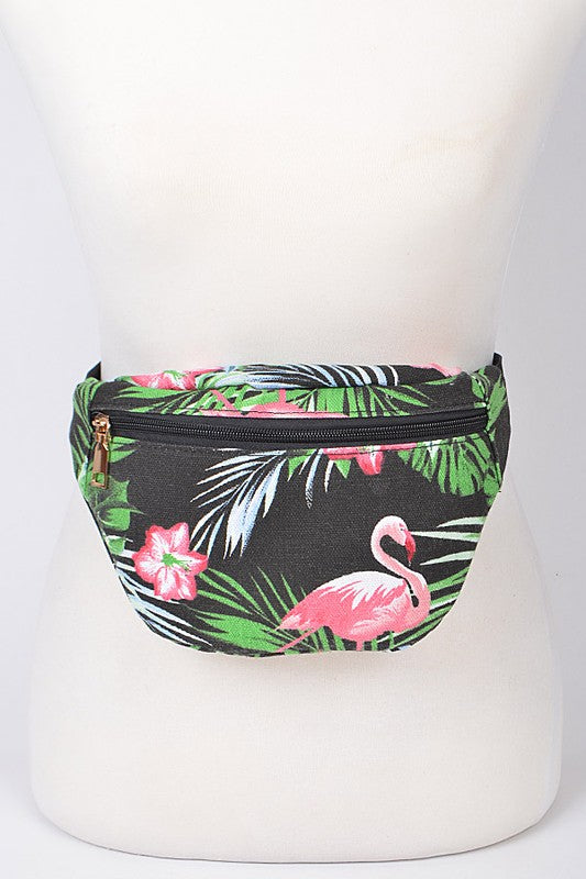 flamingo fanny pack with leaves