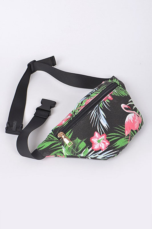 black fanny pack with flamingos
