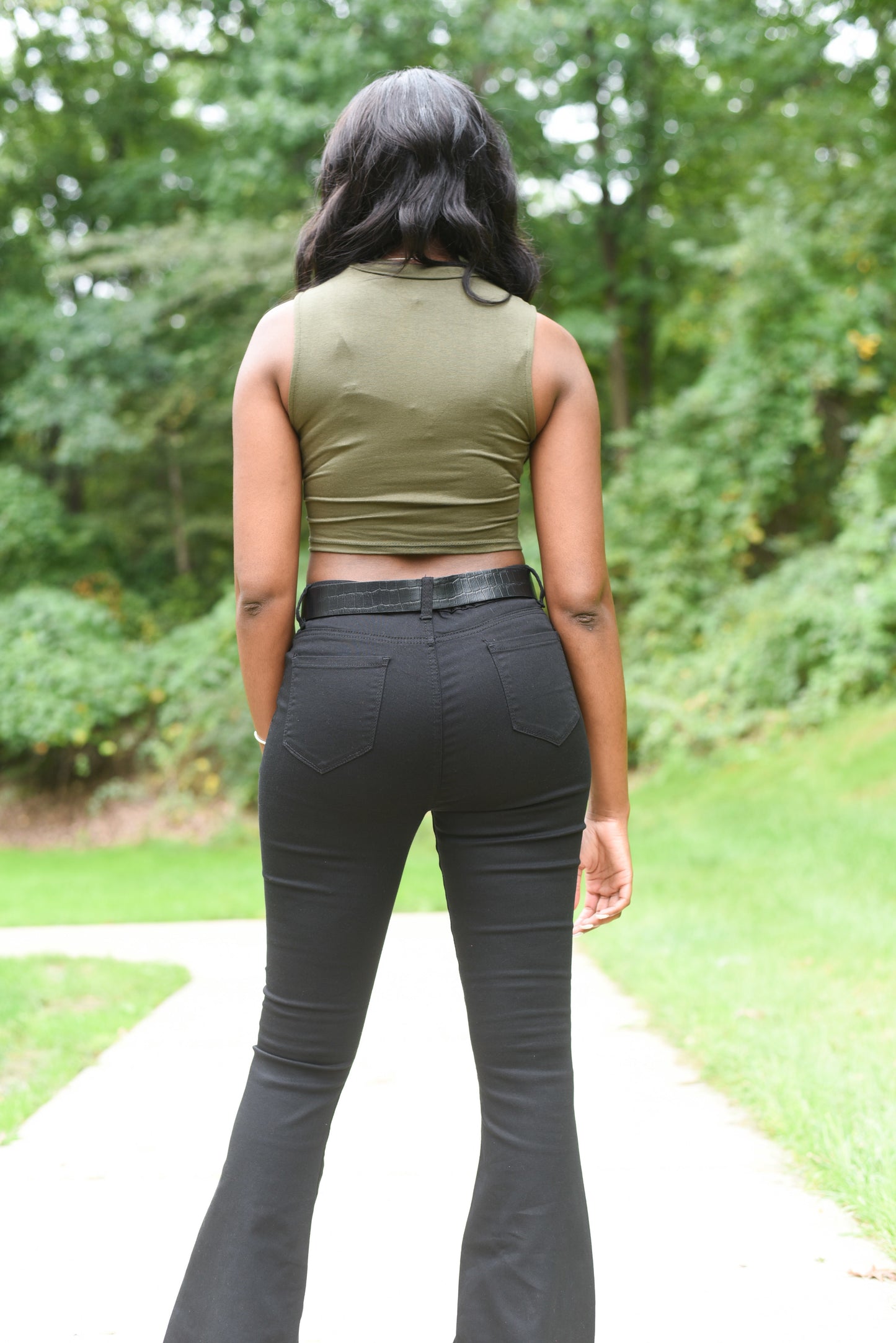 Scrunched Sleeveless Olive Green Crop Top Shirt
