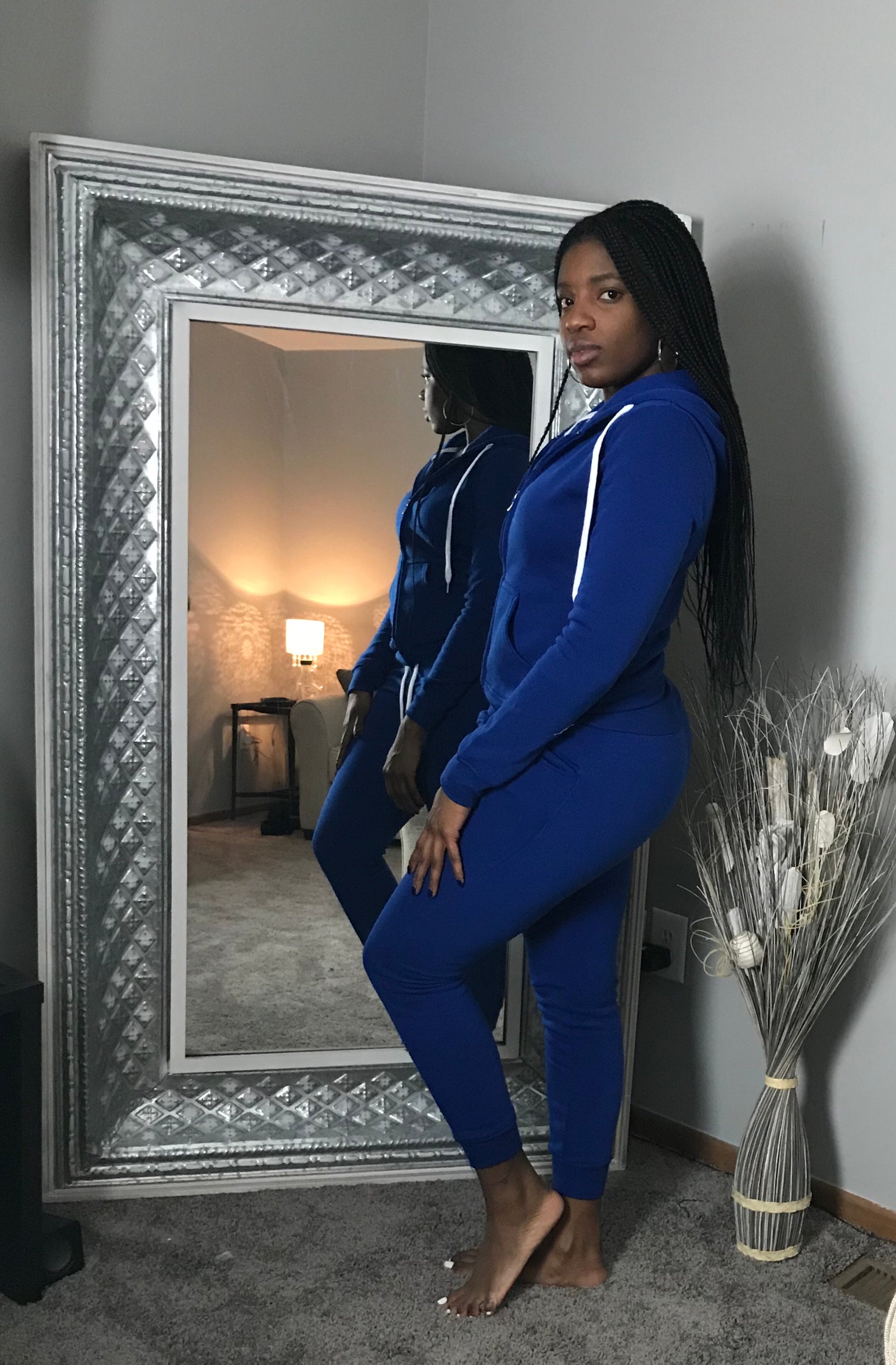 blue warm jogging suit with with strings