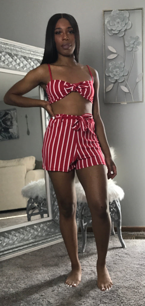 Red stripe short Set with bow and belt