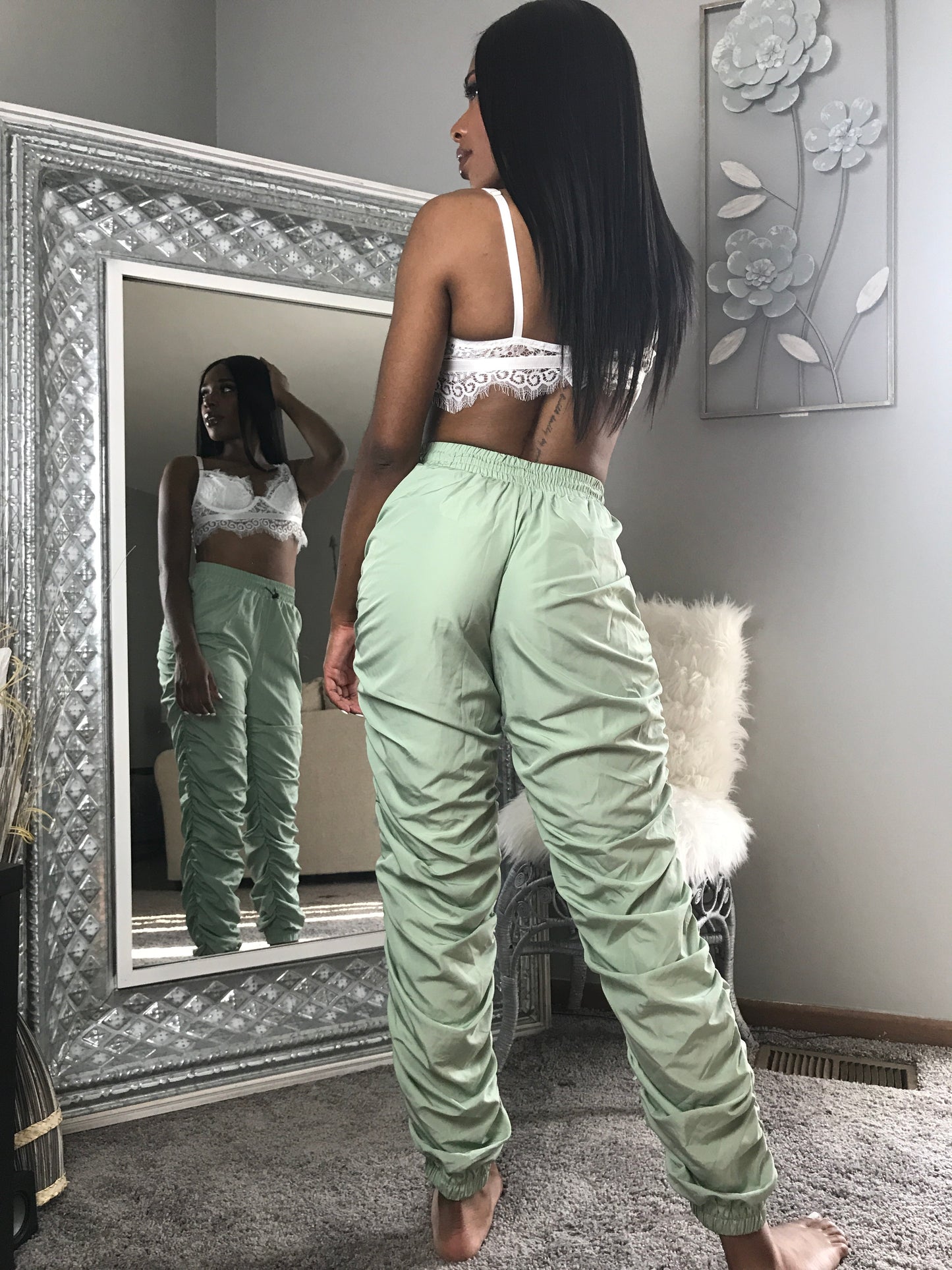 Light green ruched bottom pants