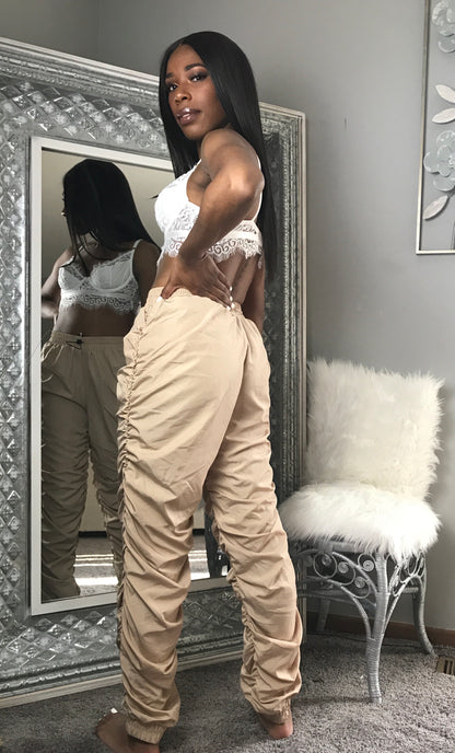 Khaki ruched attacked pants with Drawstring