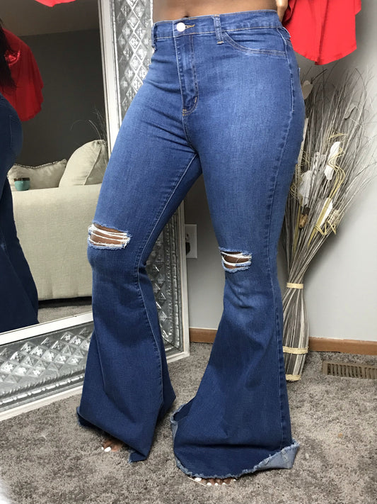 High Waist Frayed Hem Flare Jeans