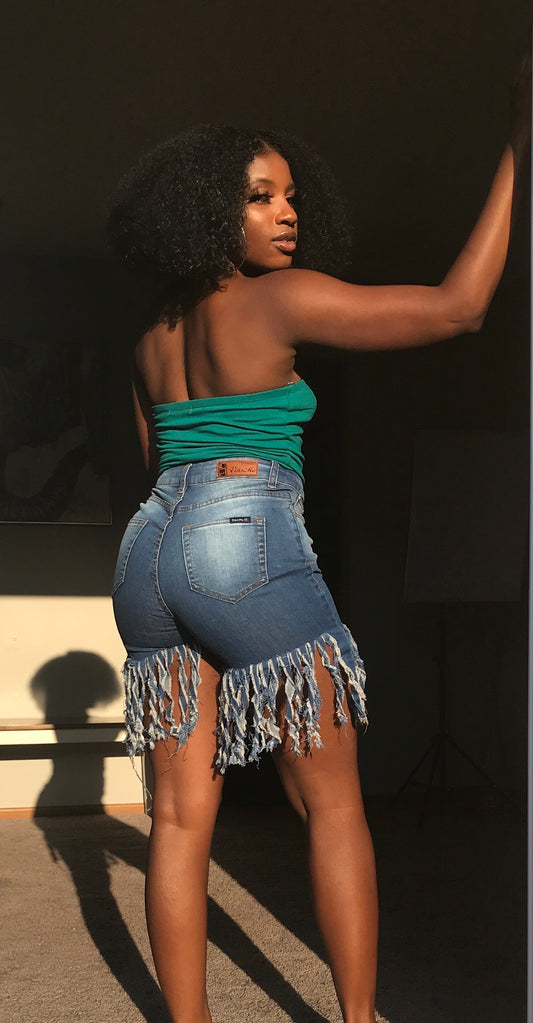 high waist fringe shorts